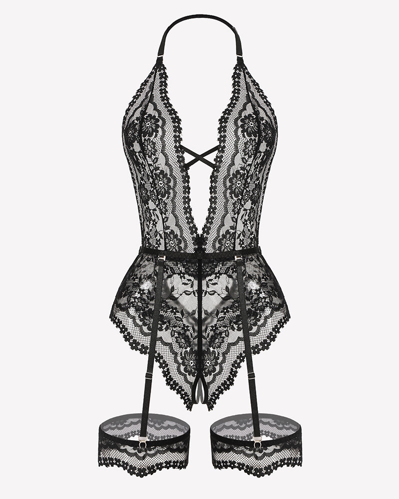 Black lace deep V teddy bodysuit with crossed strap detail and matching garters