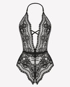 Black lace teddy bodysuit set with deep V front, crisscross straps, and garter accents