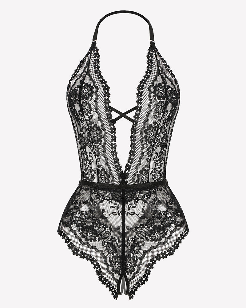 Black lace teddy bodysuit set with deep V front, crisscross straps, and garter accents
