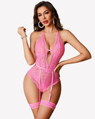 Pink-purple lace deep V teddy bodysuit with cutout front and garter straps