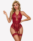 Burgundy lace deep V teddy bodysuit with cutout front and garter straps