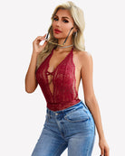 Burgundy lace deep V teddy bodysuit with keyhole cutout front