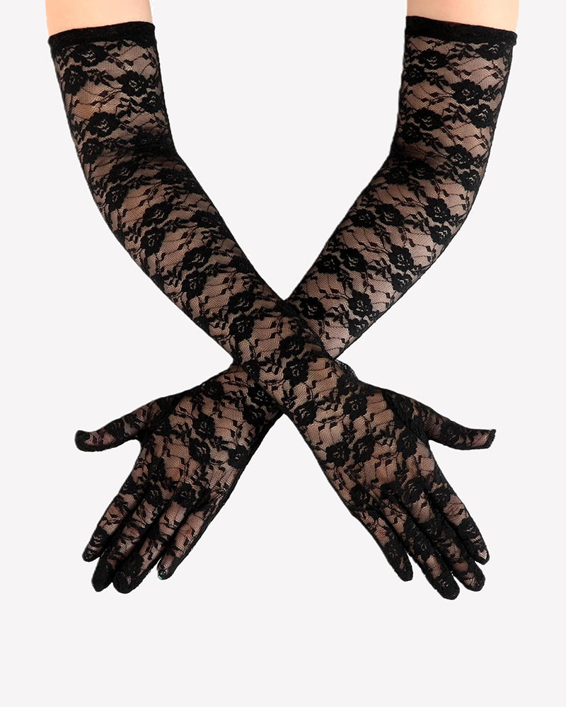 Elbow-length black lace gloves with floral lace pattern and bow-style wrist ties
