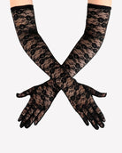 Elbow-length black lace gloves with floral lace pattern and bow-style wrist ties