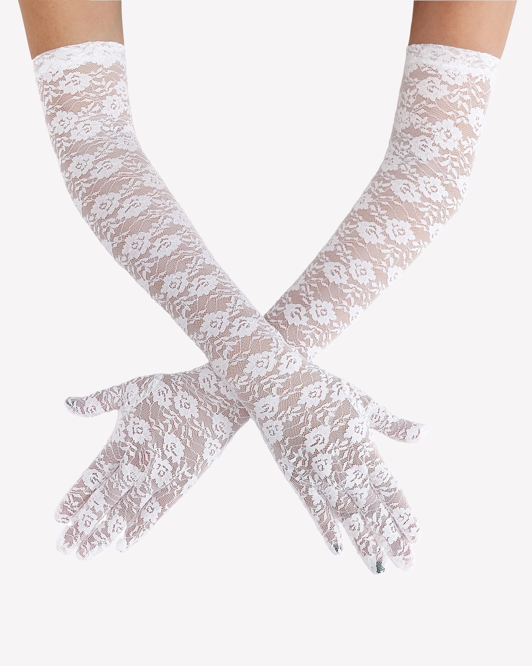 Elbow-length white lace gloves with floral lace pattern and long fingered cuffs