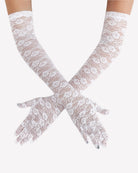 Elbow-length white lace gloves with floral lace pattern and long fingered cuffs