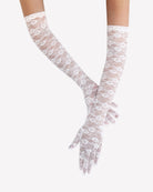 Elbow-length white lace opera gloves with floral pattern and bow-style wrist ties