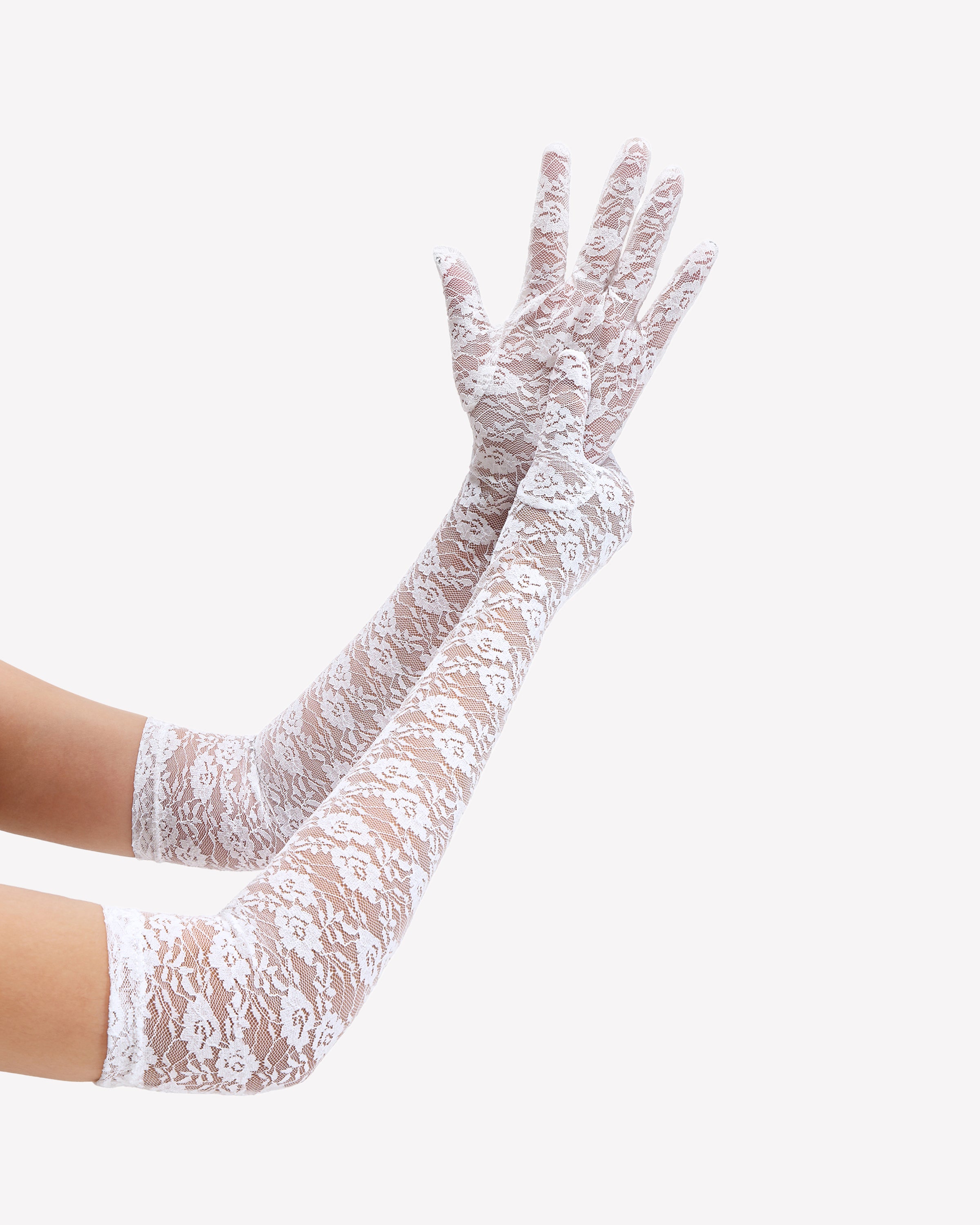 Elbow-length white lace gloves with intricate floral texture and long fingered design