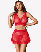 Red lace mesh crop top and mini skirt set with plunge neckline and scalloped lace hem