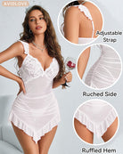White Avidlove lace ruched mesh lingerie dress with adjustable straps and ruffled hem