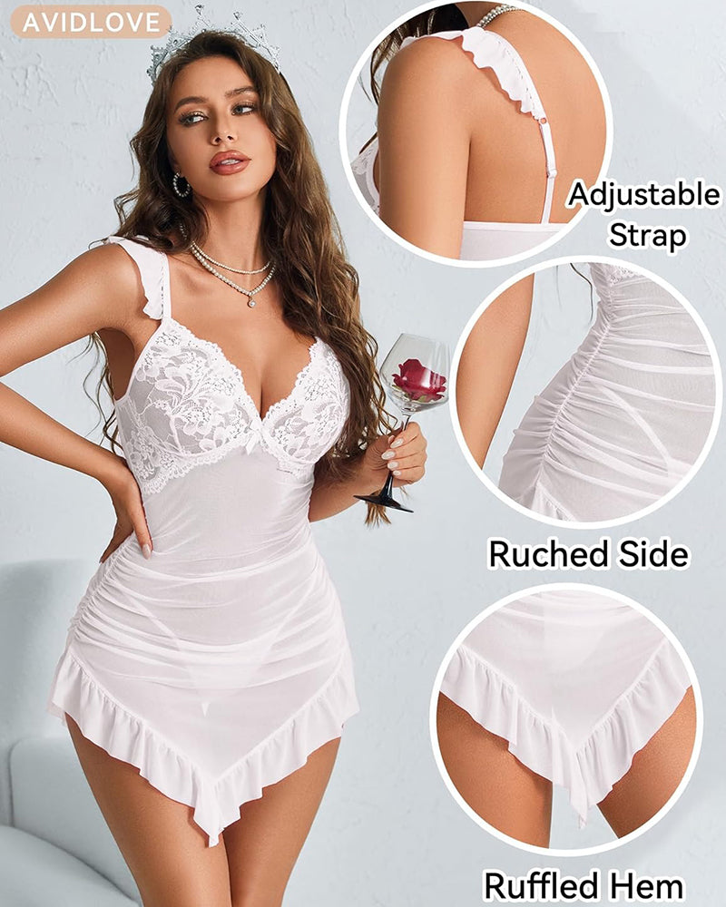White Avidlove lace ruched mesh lingerie dress with adjustable straps and ruffled hem