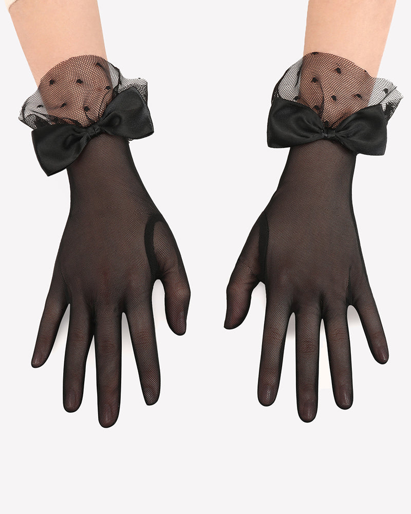 Black mesh short gloves with bow on wrist and dotted tulle cuff
