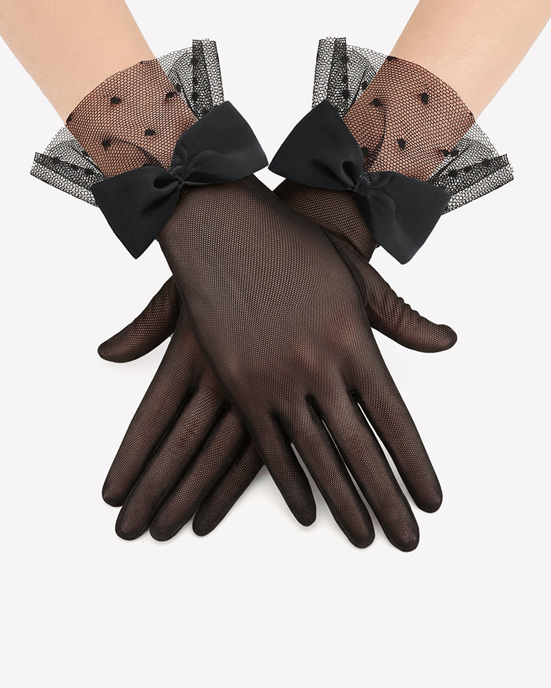 Black mesh short gloves with large satin bow and lace polka dot cuffs