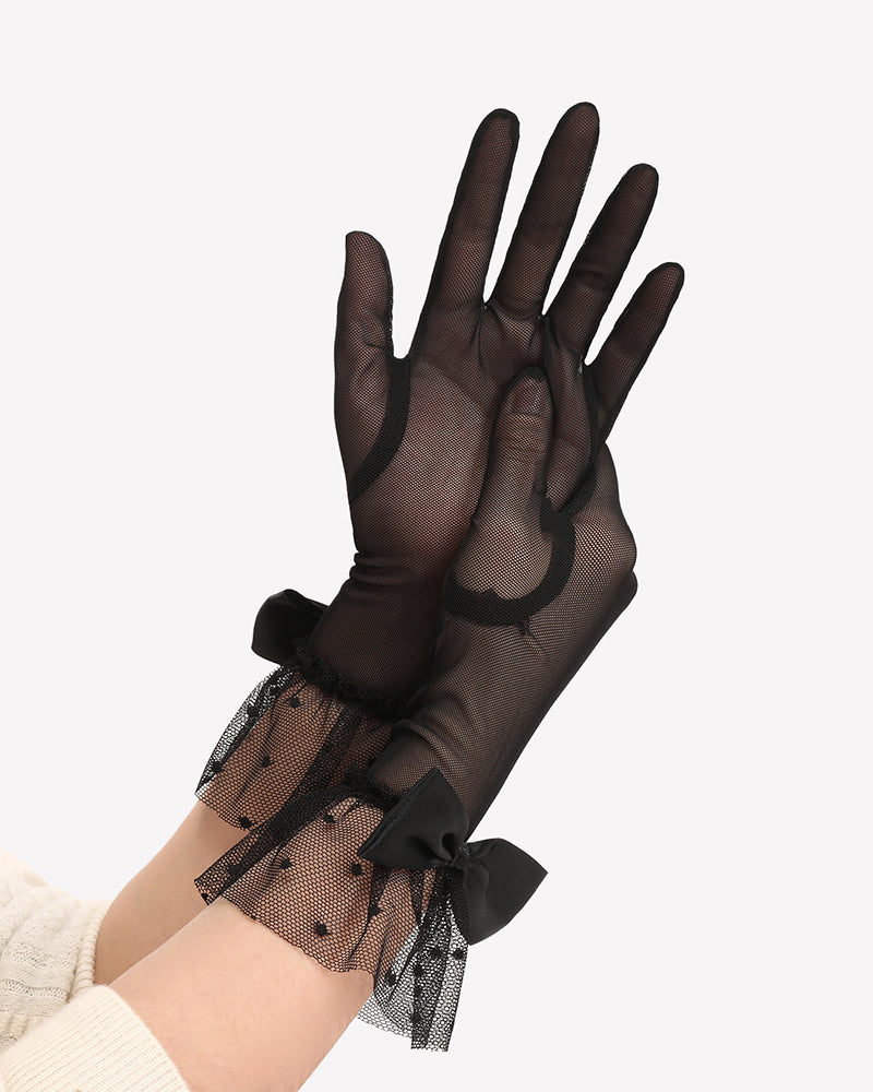 Black mesh long gloves with bowed dotted cuff and sheer fingerless style