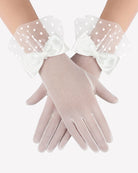 White mesh short gloves with large satin bow and polka dot tulle cuffs