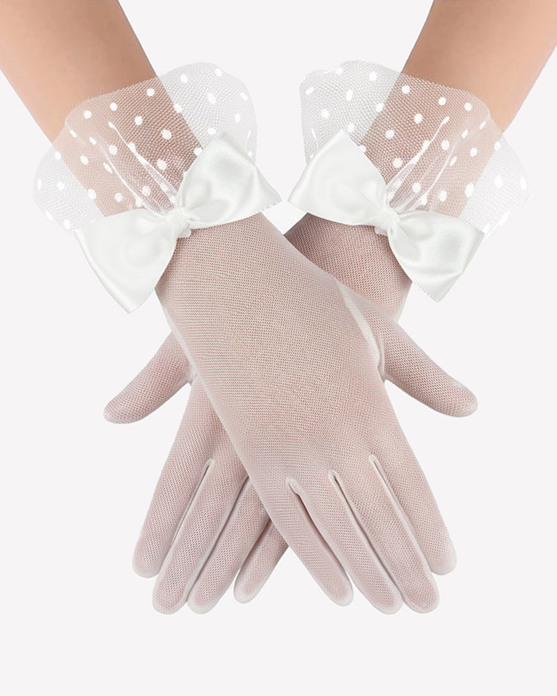 White mesh short gloves with large satin bow and polka dot tulle cuffs
