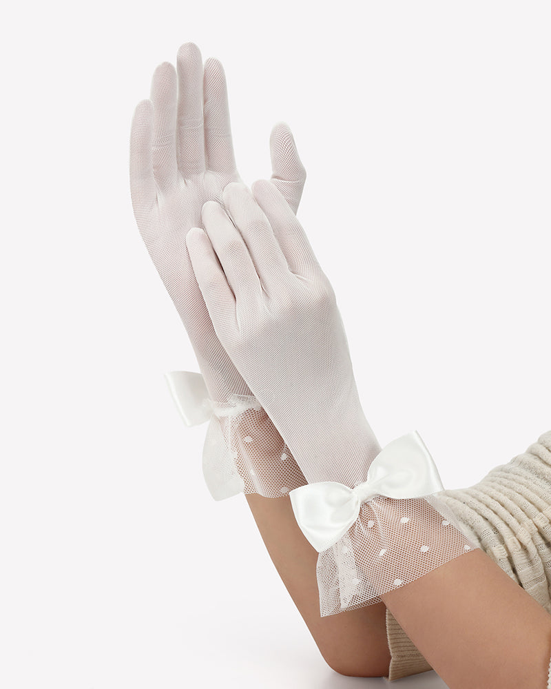 White mesh gloves with bow on wrist and polka dot tulle cuff