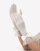 White mesh gloves with bow on wrist and polka dot tulle cuff