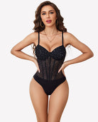 Black sheer mesh square-neck bodysuit with sparkle dots, thin straps