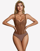 Sparkle sheer mesh bodysuit with sweetheart neckline, brown, glitter dot corset front