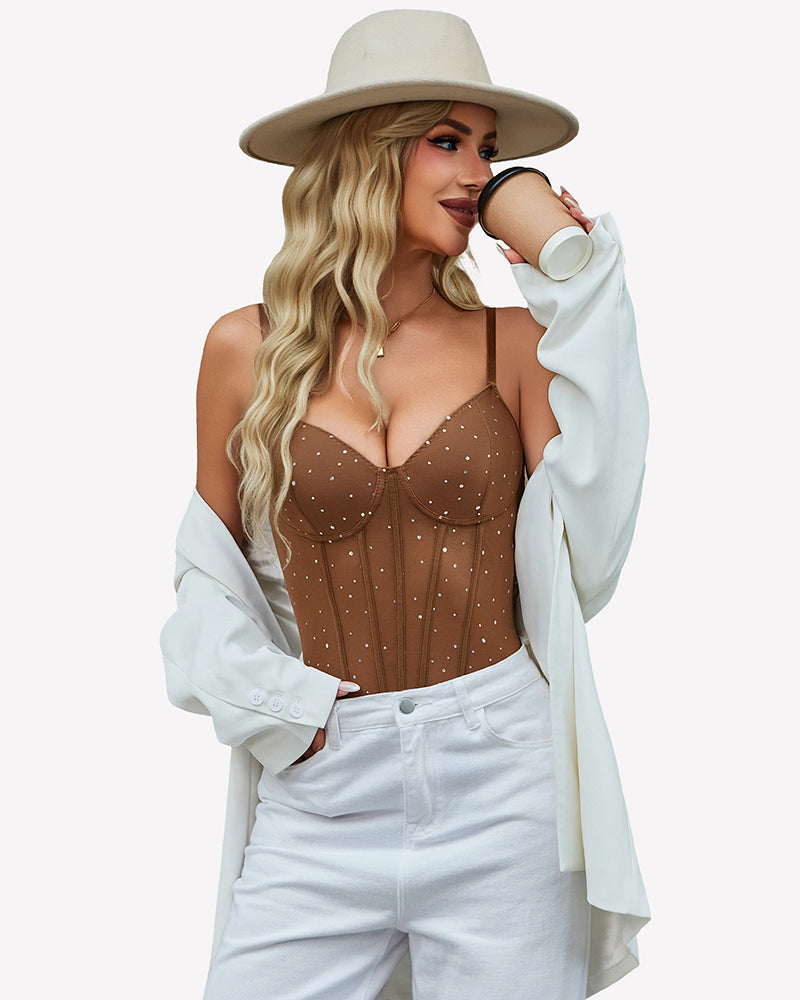 Sparkle sheer mesh bodysuit with sweetheart neckline, brown, sparkling dot bust detail