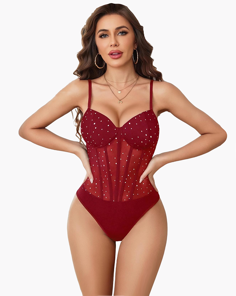 Sparkle sheer mesh bodysuit with sweetheart neckline, wine red, glitter dot corset front
