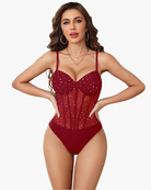 Sparkle sheer mesh bodysuit with sweetheart neckline, wine red, glitter dot corset front