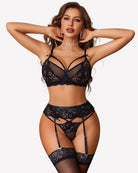 Black lace 3-piece lingerie set with bra, matching panty, and garter straps