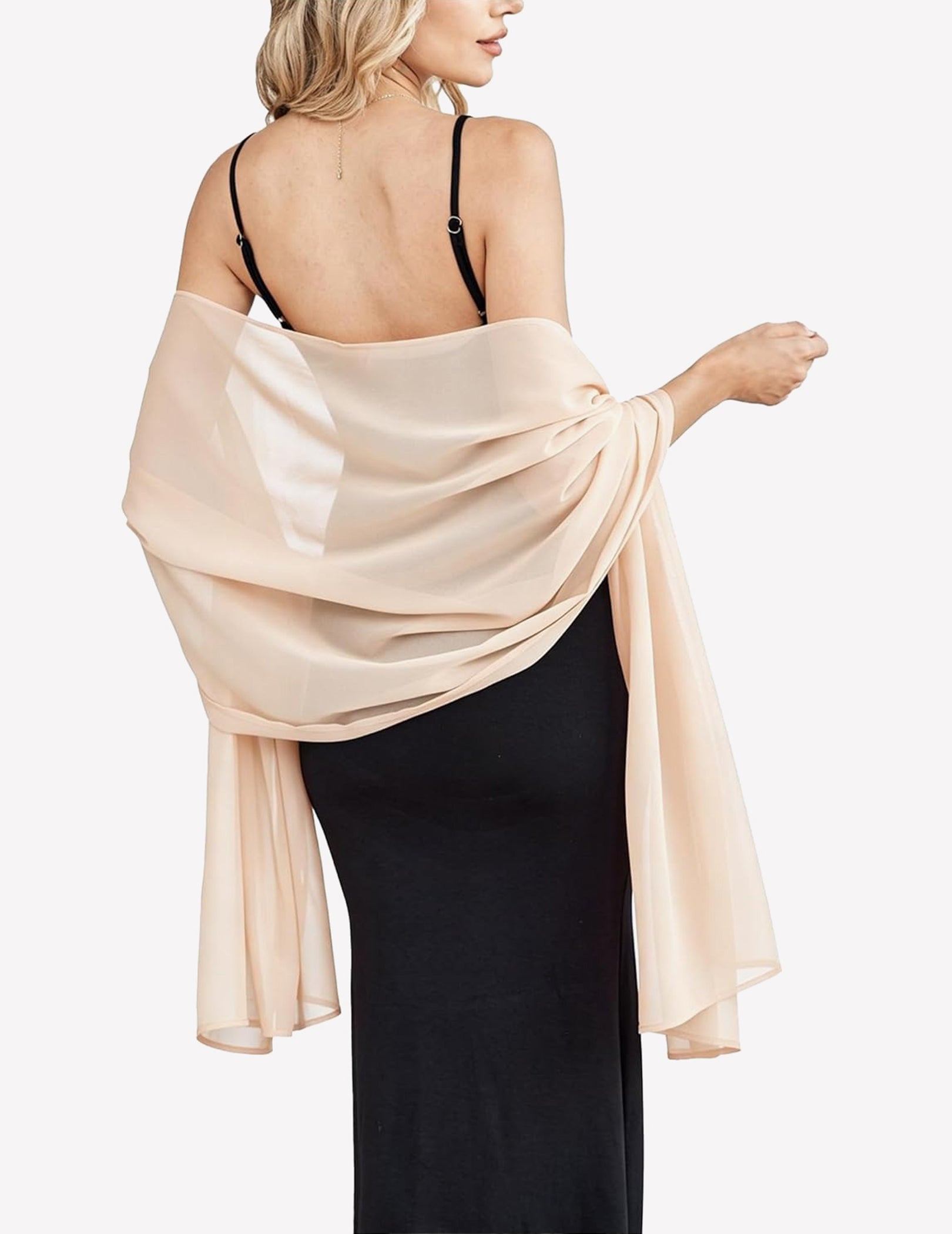 Chiffon shawl wrap scarf in champagne beige, sheer drape over shoulders