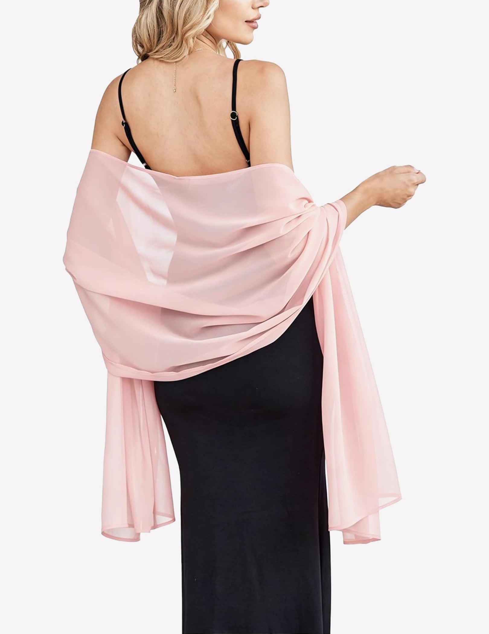 Chiffon shawl wrap scarf in light pink, sheer drape with flowing ends