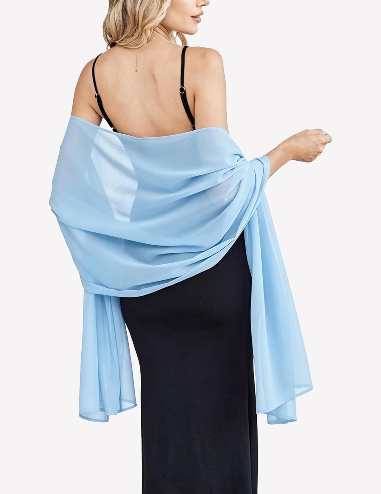 Chiffon shawl wrap scarf in light blue, sheer drape over shoulders