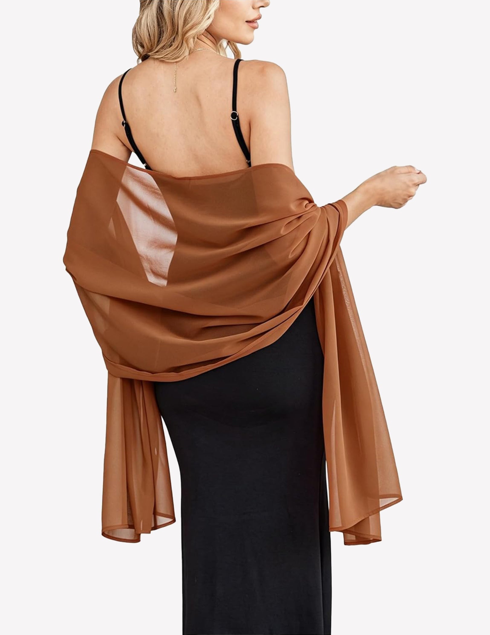 Chiffon shawl wrap scarf in light brown, sheer drape over shoulders