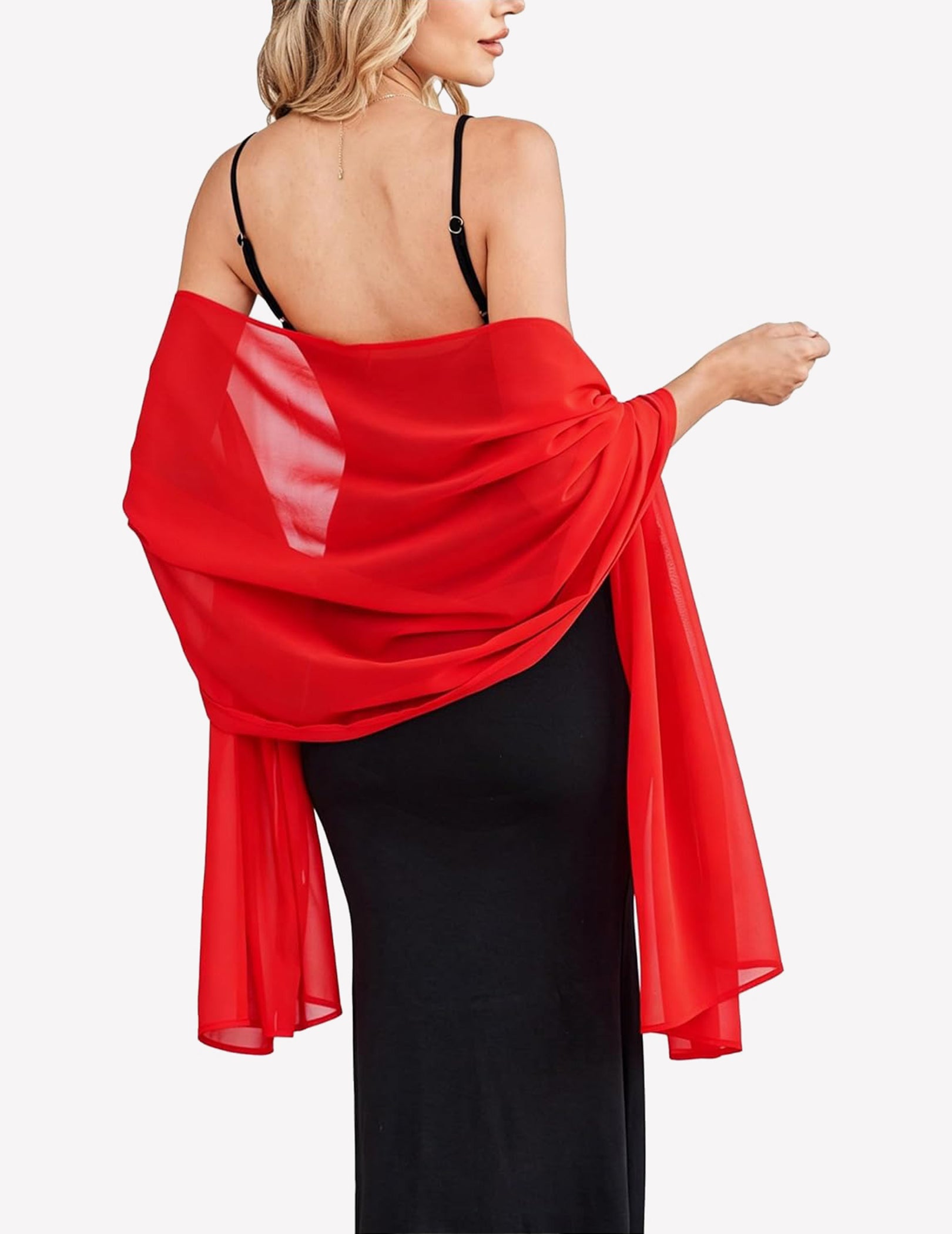 Chiffon shawl wrap scarf in red, sheer drape with flowing ends