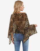 Leopard print chiffon off-shoulder blouse with flowing batwing sleeves, back view