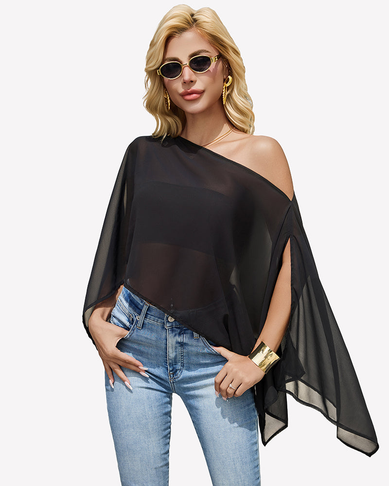 Black chiffon off-shoulder batwing blouse with flowing cape-like sleeves.