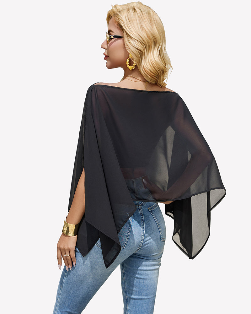 Black chiffon off-shoulder blouse with flowing batwing sleeves and back drape.
