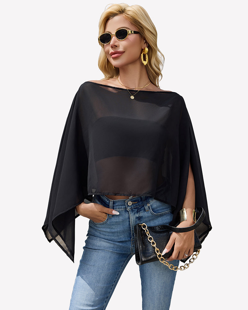Black chiffon off-shoulder blouse with batwing sleeves and loose draped fit.