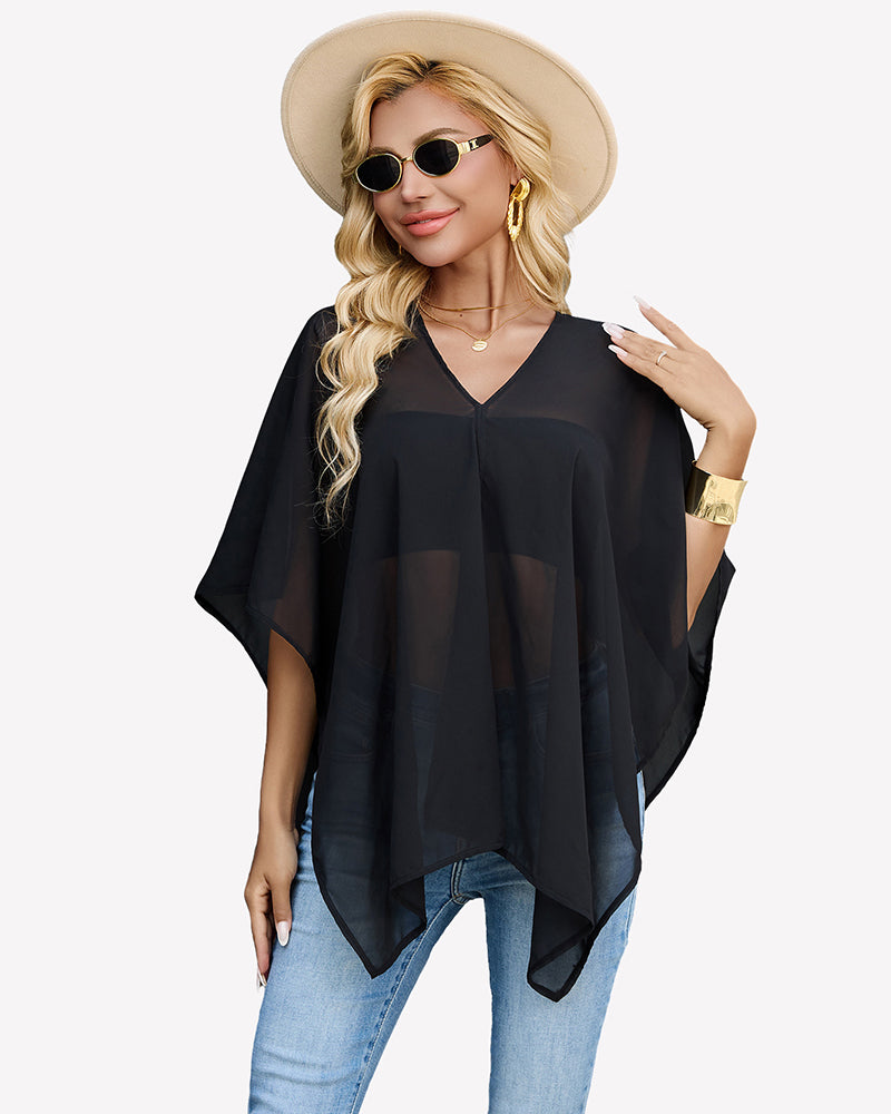 Black chiffon off-shoulder batwing blouse with loose drape and airy sleeves.