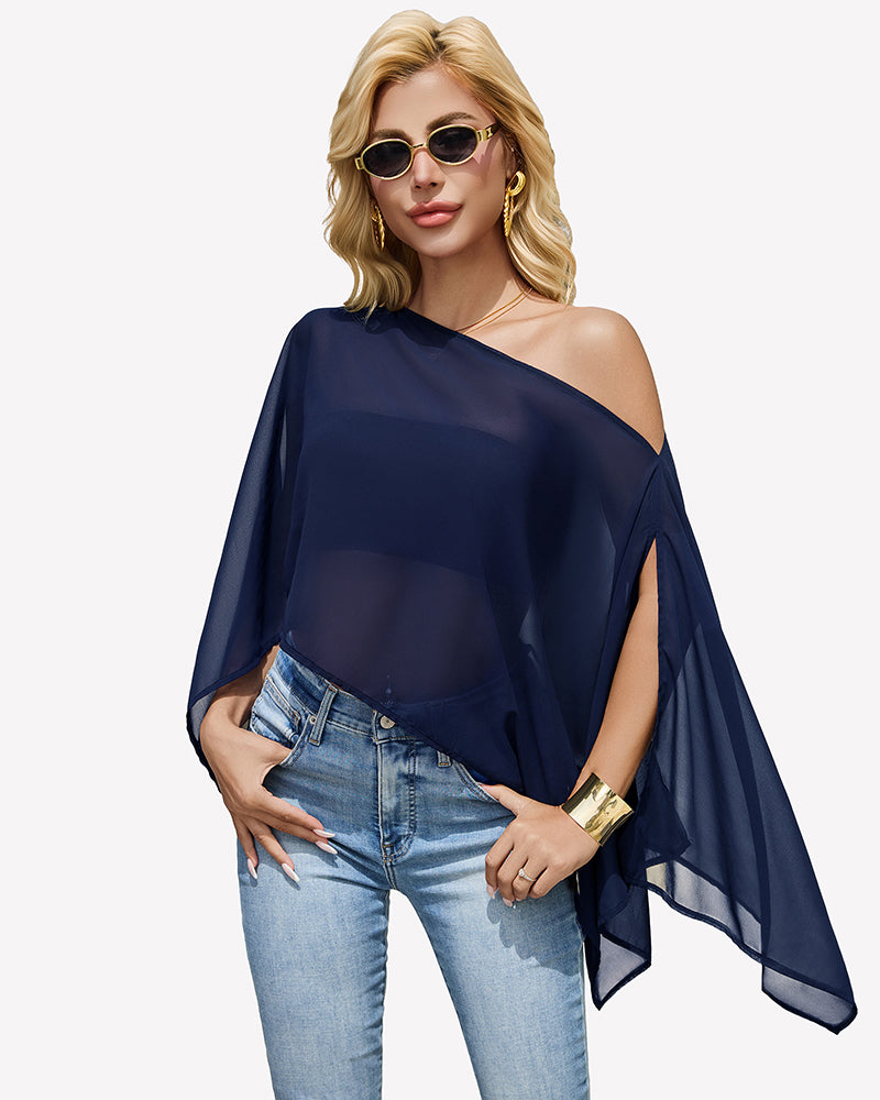 Navy blue chiffon off-shoulder batwing blouse with flowing cape-like sleeves.