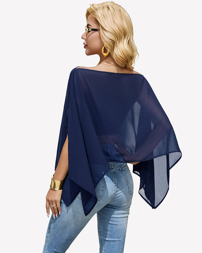 Navy blue off-shoulder chiffon blouse with batwing sleeves, draped back view