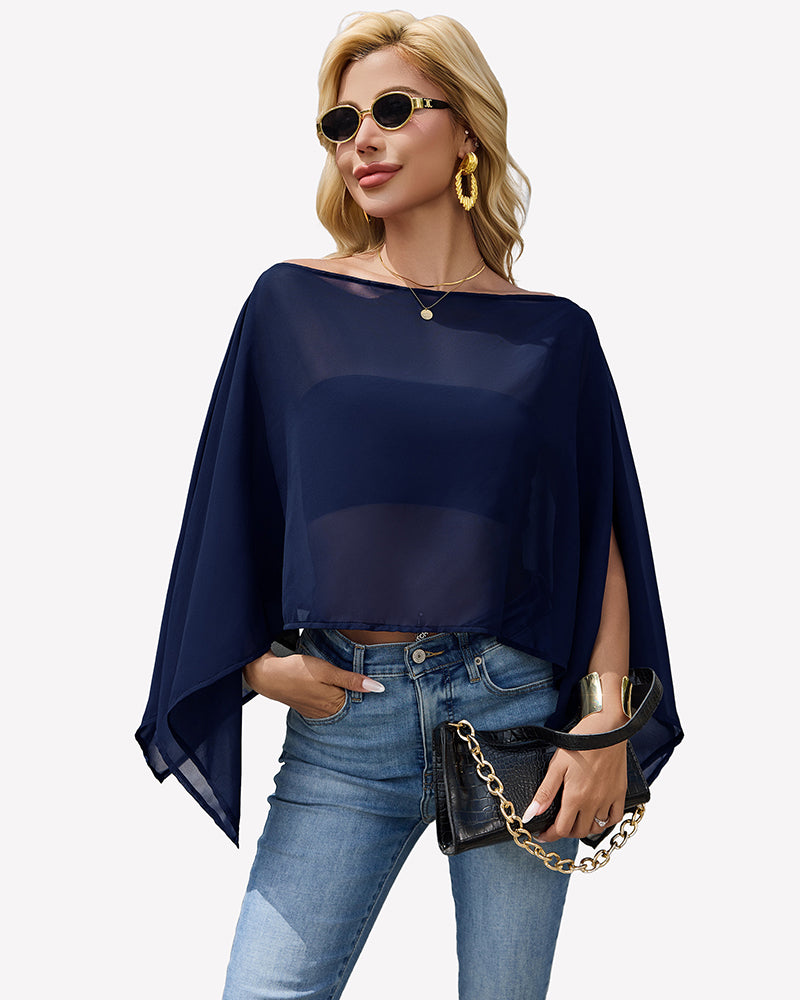 Navy blue off-shoulder chiffon blouse with loose batwing sleeves and V neckline