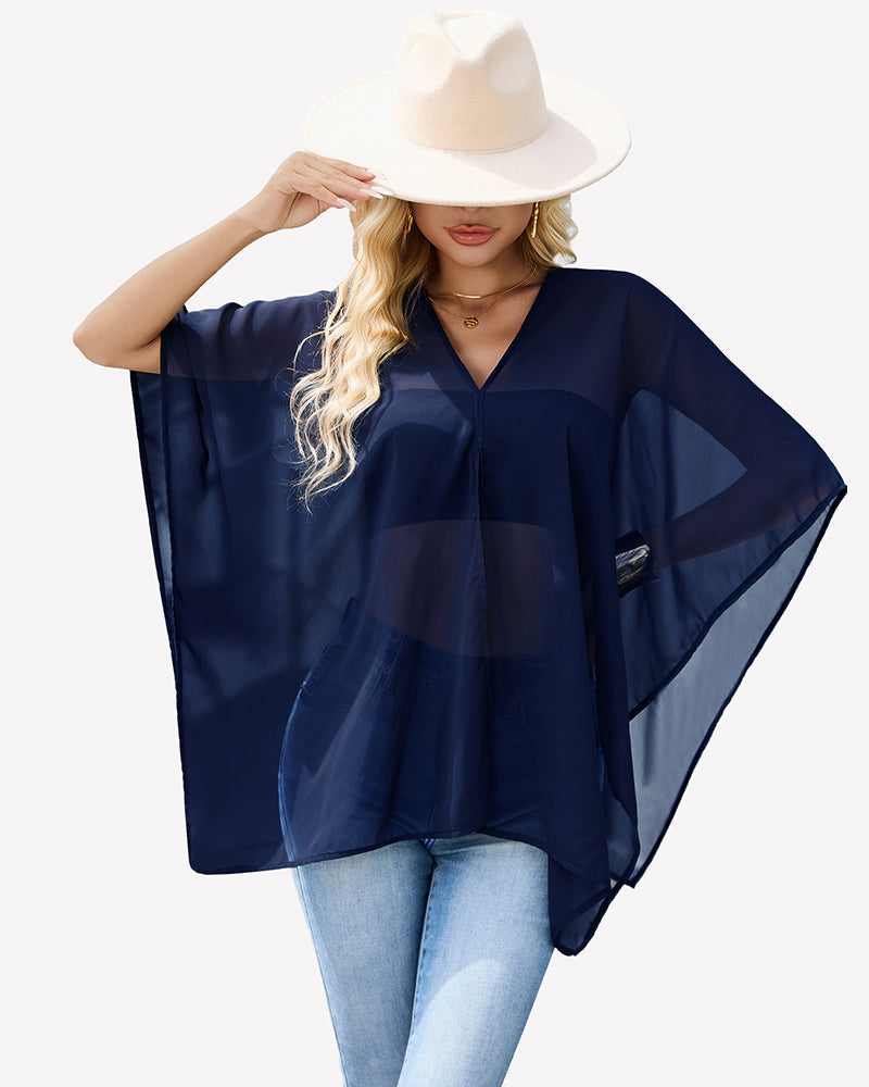 Navy blue off-shoulder chiffon blouse with wide batwing sleeves and airy drape