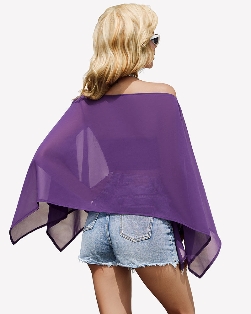 Purple off-shoulder chiffon blouse with batwing sleeves, flowing back drape