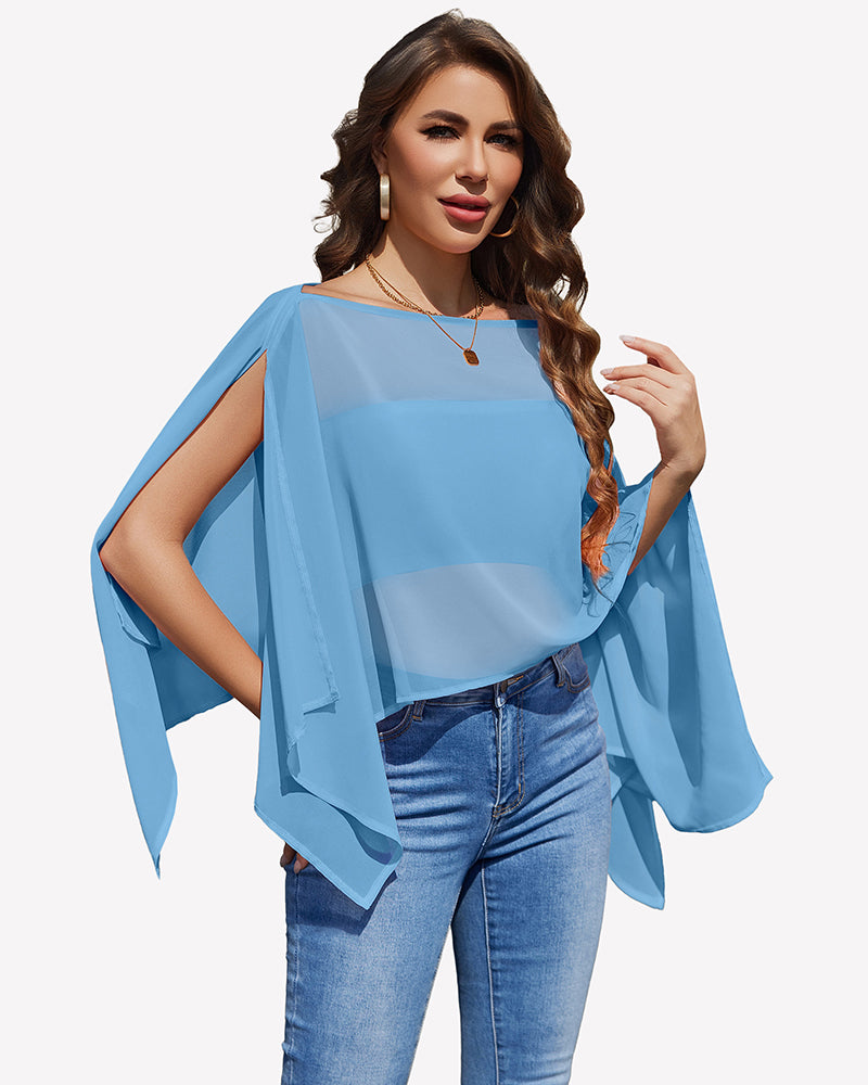 Light blue off-shoulder chiffon blouse with flowing batwing sleeves