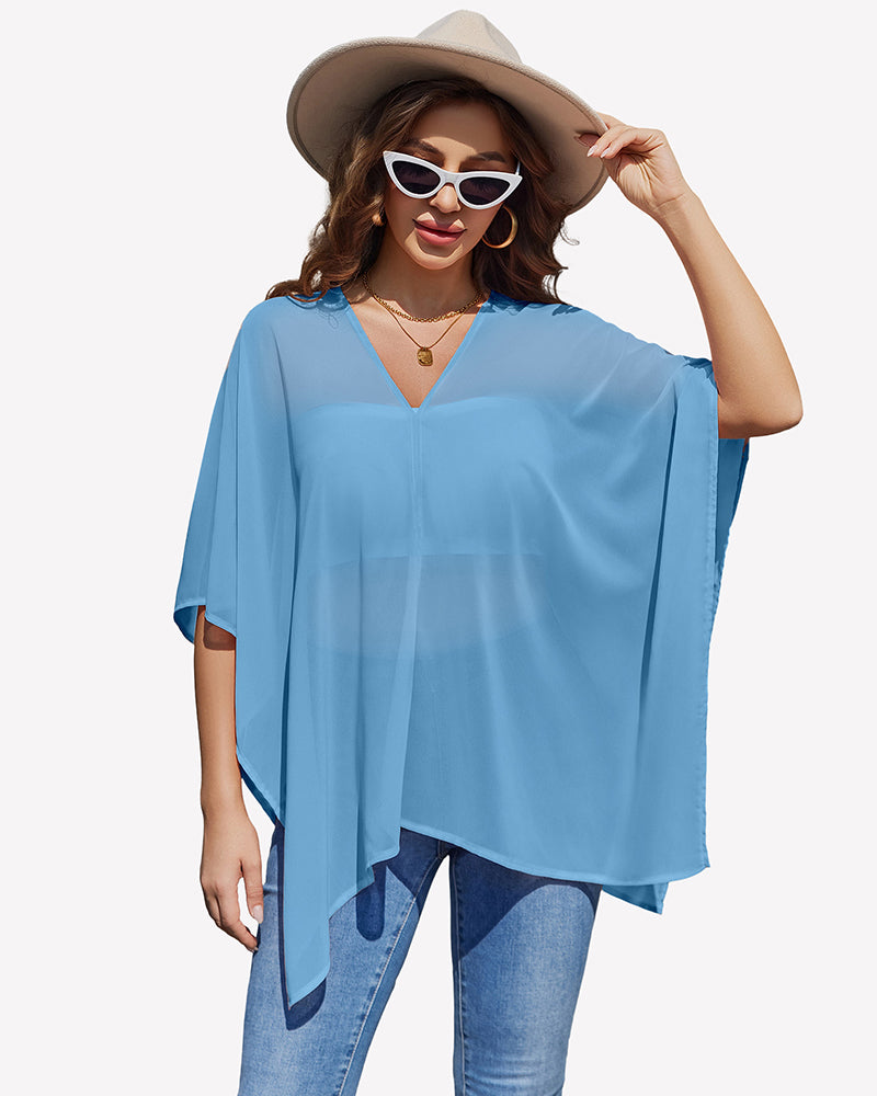 Light blue off-shoulder chiffon blouse with cape-like batwing sleeves