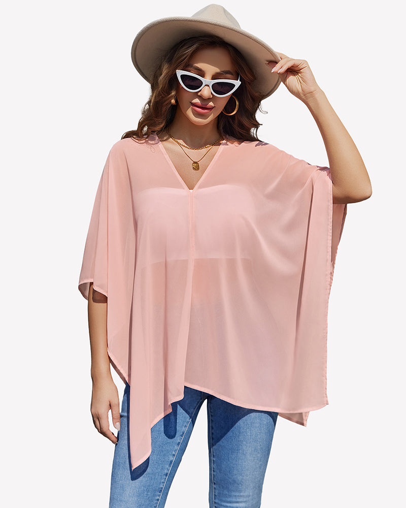 Blush pink off-shoulder chiffon blouse with batwing sleeves and flowy drape