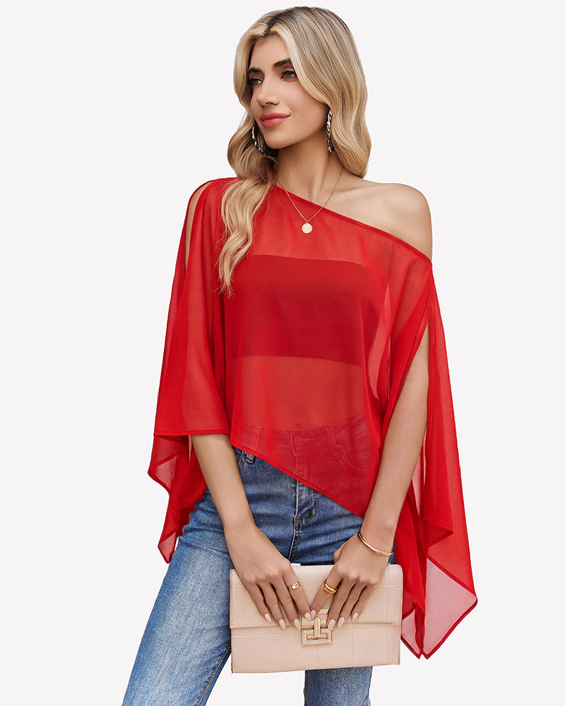 Off-shoulder chiffon blouse, red batwing sleeve drape top
