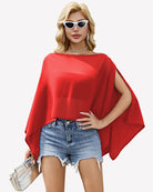 Off-shoulder chiffon blouse, red cape sleeves with flowy drape