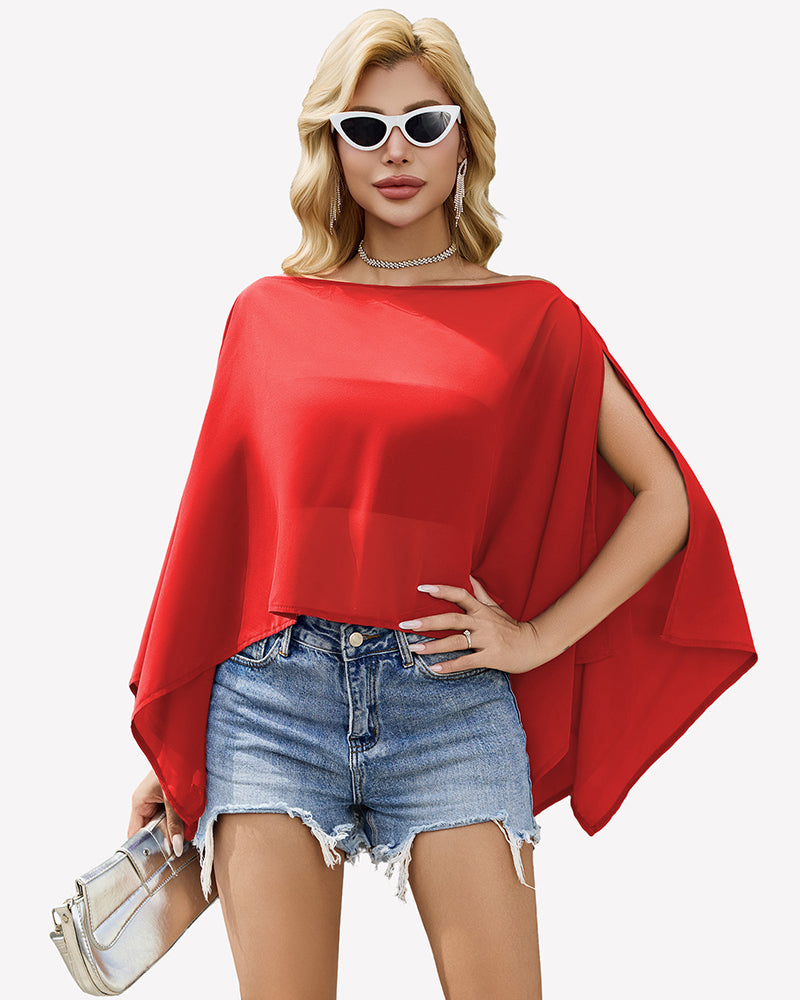 Off-shoulder chiffon blouse, red cape sleeves with flowy drape