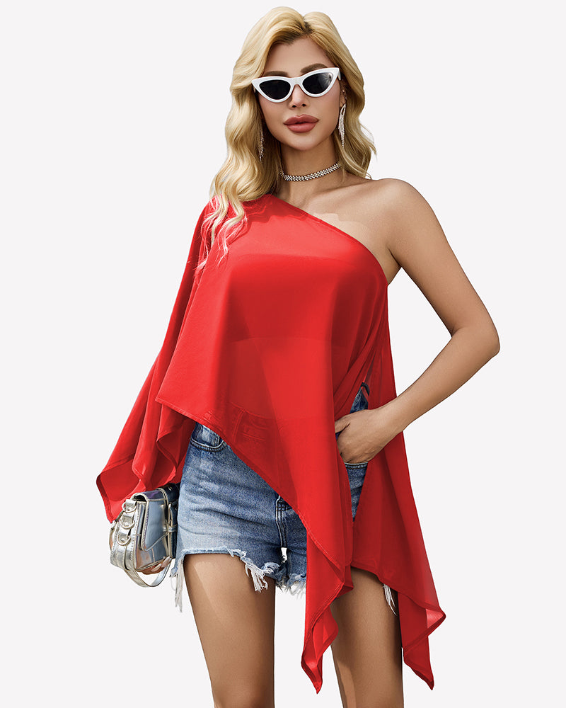 Red chiffon off-shoulder batwing blouse with flowing cape-like sleeves.